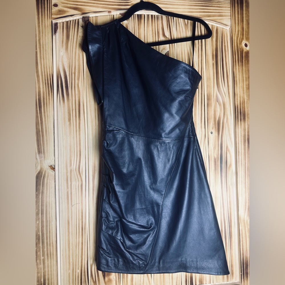♾️Lamarque Corey Sheath Mini Dress Black Leather One Shoulder Size XS